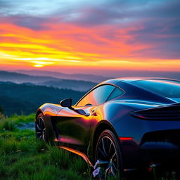 A stunning scene featuring a shiny, modern sports car parked on a scenic overlook with a breathtaking view of a sunset over the mountains