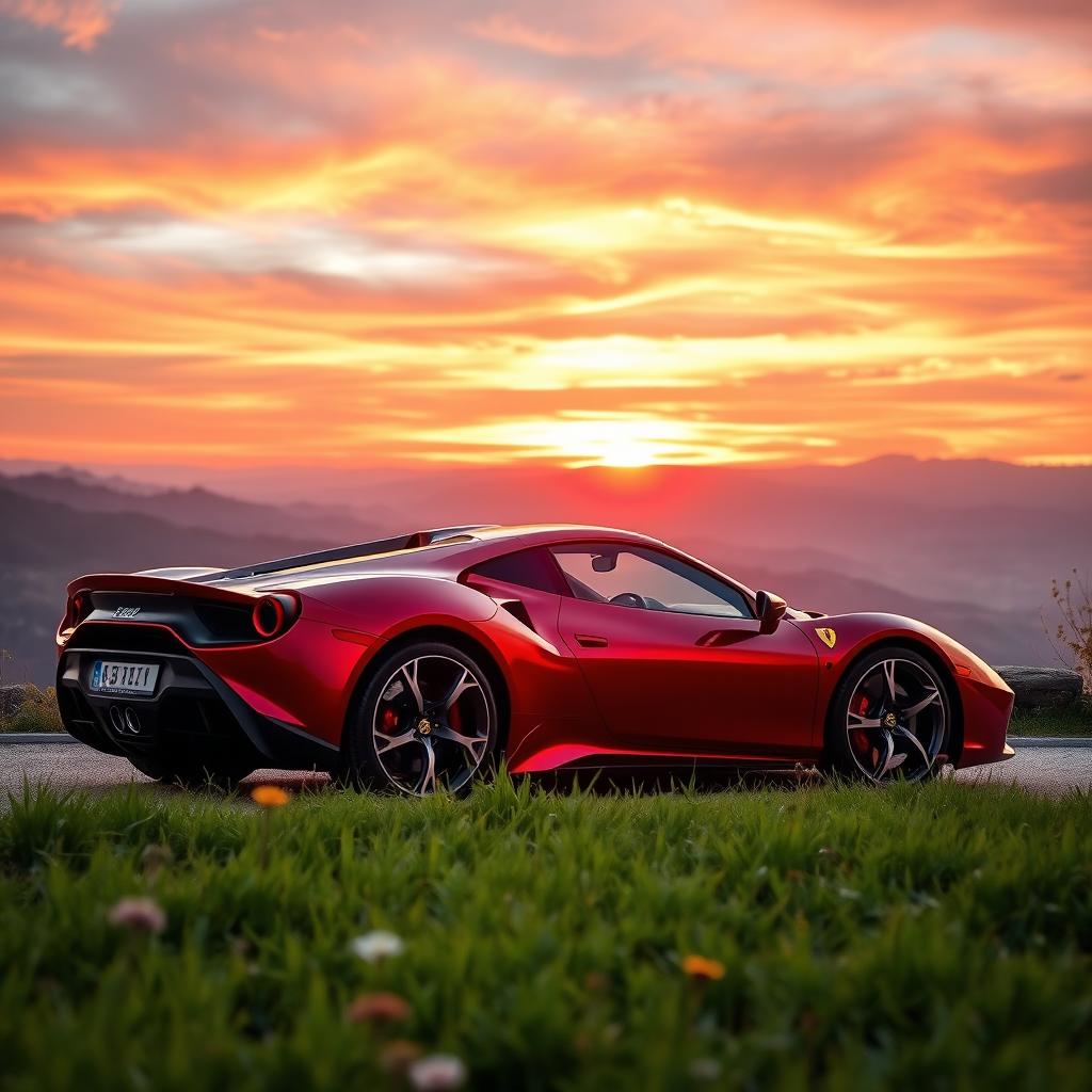 A stunning scene featuring a shiny, modern sports car parked on a scenic overlook with a breathtaking view of a sunset over the mountains