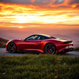 A stunning scene featuring a shiny, modern sports car parked on a scenic overlook with a breathtaking view of a sunset over the mountains