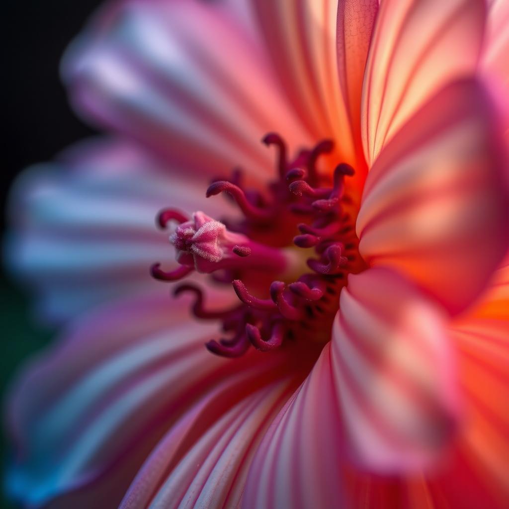 A high-quality, close-up zoom-in shot capturing intricate details of a vibrant flower, showcasing the delicate petals, intricate patterns, and the interplay of light and shadow on the surface