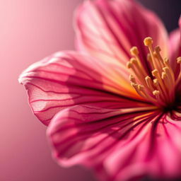 A high-quality, close-up zoom-in shot capturing intricate details of a vibrant flower, showcasing the delicate petals, intricate patterns, and the interplay of light and shadow on the surface