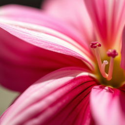 A high-quality, close-up zoom-in shot capturing intricate details of a vibrant flower, showcasing the delicate petals, intricate patterns, and the interplay of light and shadow on the surface