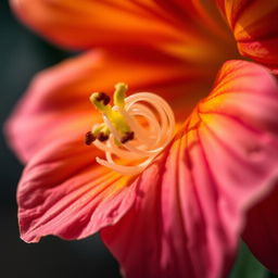A high-quality, close-up zoom-in shot capturing intricate details of a vibrant flower, showcasing the delicate petals, intricate patterns, and the interplay of light and shadow on the surface