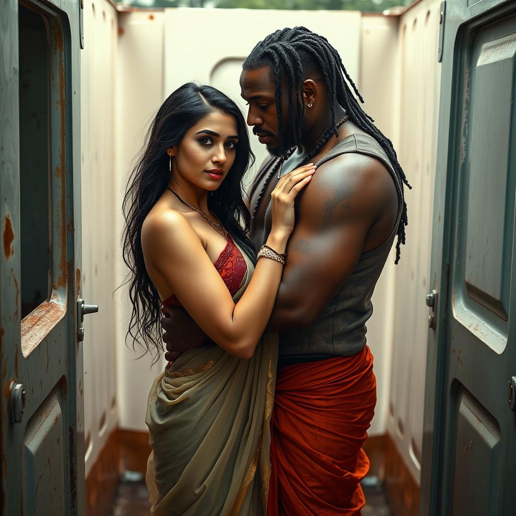 A hot and sultry couple in a full-length photoshoot, showcasing a sexy 24-year-old beautiful Arab woman in a wet, transparent, braless saree, confidently facing the camera while engaged in an intimate moment with a hot 40-year-old muscular Caribbean man