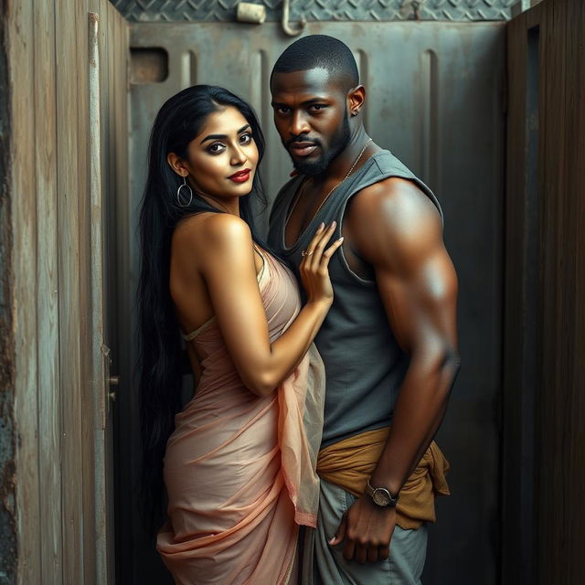 A hot and sultry couple in a full-length photoshoot, showcasing a sexy 24-year-old beautiful Arab woman in a wet, transparent, braless saree, confidently facing the camera while engaged in an intimate moment with a hot 40-year-old muscular Caribbean man