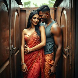 A hot and sultry couple in a full-length photoshoot, showcasing a sexy 24-year-old beautiful Arab woman in a wet, transparent, braless saree, confidently facing the camera while engaged in an intimate moment with a hot 40-year-old muscular Caribbean man