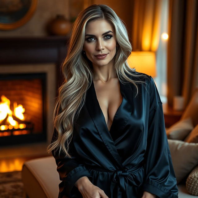 A stylish 40-year-old woman with long blonde hair, wearing a luxurious black satin robe featuring a deep neckline that accentuates her cleavage