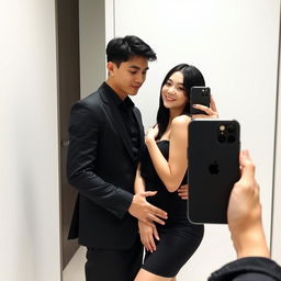 A confident young man in a black suit and black shirt stands behind a woman, embracing her at the waist