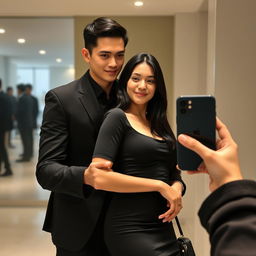 A confident young man in a black suit and black shirt stands behind a woman, embracing her at the waist