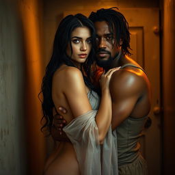 A hot, sultry couple engaged in an intimate full-length photoshoot inside an Indian latrine