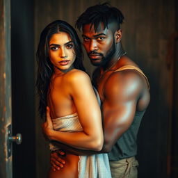 A hot, sultry couple engaged in an intimate full-length photoshoot inside an Indian latrine