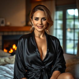 A stylish 40-year-old woman wearing a luxurious black satin robe that elegantly reveals her neckline and cleavage