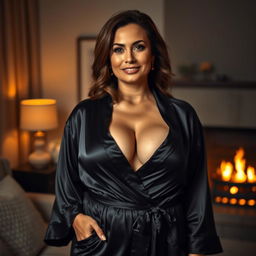 A stylish 40-year-old woman wearing a luxurious black satin robe that elegantly reveals her neckline and cleavage