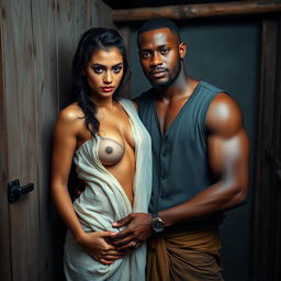 A hot sultry couple in a full-length photoshoot, featuring a sexy 24-year-old Arab woman with beautiful features, wearing a wet, transparent towel that clings to her curves, confidently facing the camera