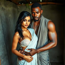 A hot sultry couple in a full-length photoshoot, featuring a sexy 24-year-old Arab woman with beautiful features, wearing a wet, transparent towel that clings to her curves, confidently facing the camera