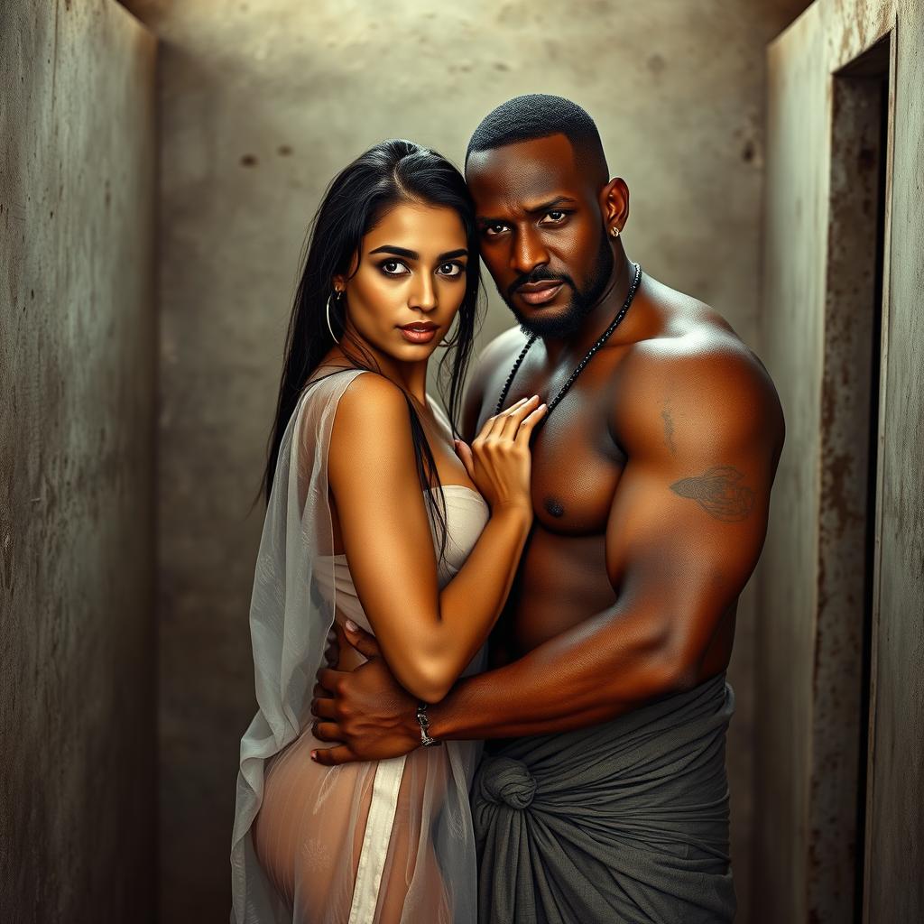 A hot sultry couple in a full-length photoshoot, featuring a sexy 24-year-old Arab woman with beautiful features, wearing a wet, transparent towel that clings to her curves, confidently facing the camera