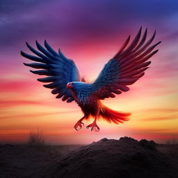 A newborn phoenix rising from the ashes against a vibrant sunset backdrop.