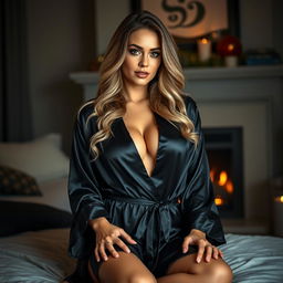 A sexy 37-year-old woman wearing a luxurious black satin robe that stylishly highlights her curves and silhouette