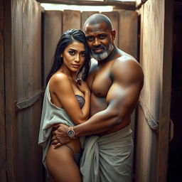 A hot sultry couple in a full-length photoshoot, featuring a sexy 23-year-old Arab woman with beautiful features, wearing a wet, transparent towel that clings to her curves, confidently facing the camera