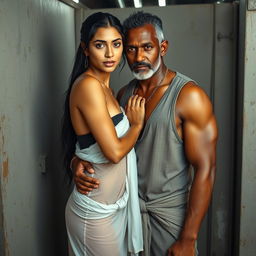 A hot sultry couple in a full-length photoshoot, featuring a sexy 23-year-old Arab woman with beautiful features, wearing a wet, transparent towel that clings to her curves, confidently facing the camera