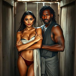 A hot sultry couple in a full-length photoshoot, featuring a sexy 23-year-old Arab woman with beautiful features, wearing a wet, transparent towel that clings to her curves, confidently facing the camera