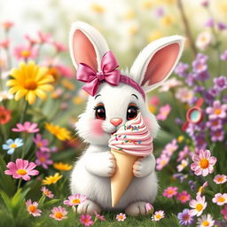 A cute rabbit with a pink ribbon on its head holding an ice cream in its paw