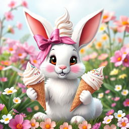 A cute rabbit with a pink ribbon on its head holding an ice cream in its paw