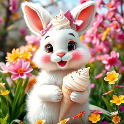 A cute rabbit with a pink ribbon on its head holding an ice cream in its paw