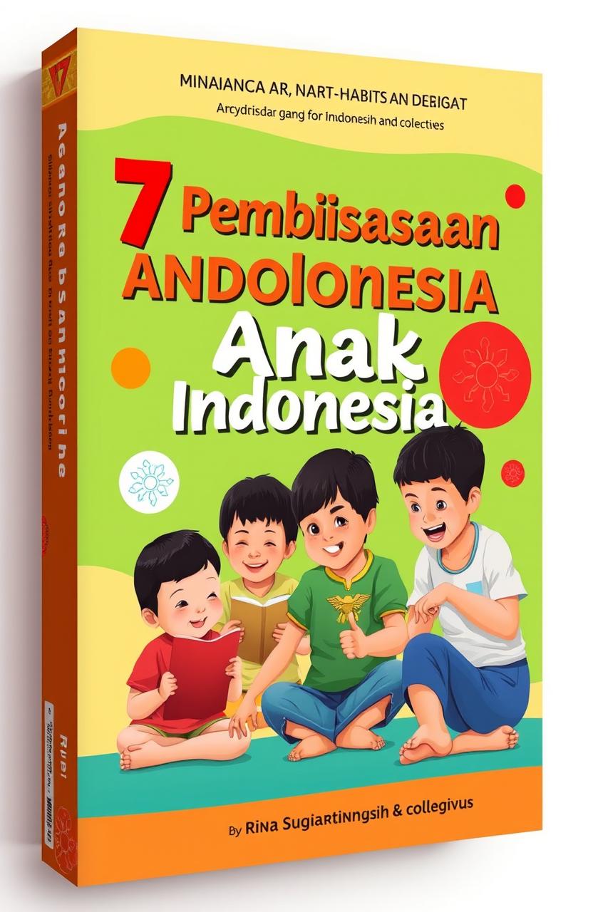 A book cover design for a title that reads '7 Pembiasaan Anak Indonesia Hebat' by Rina Sugiartiningsih and colleagues