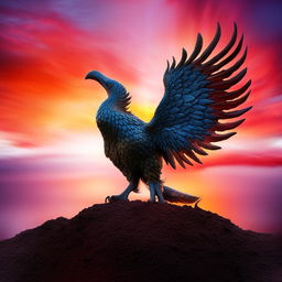 A newborn phoenix rising from the ashes against a vibrant sunset backdrop.