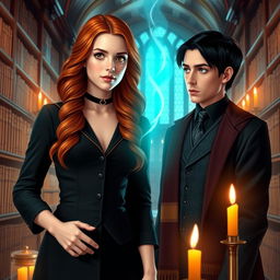 Esther Stark, a young woman with wavy chestnut-red hair and amber eyes, is wearing an elegant uniform similar to Gryffindor