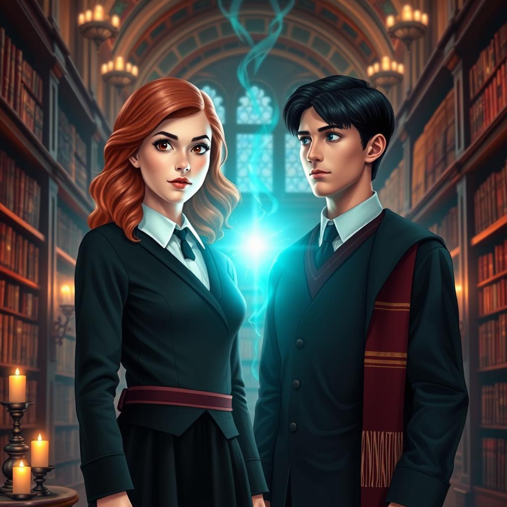 Esther Stark, a young woman with wavy chestnut-red hair and amber eyes, is wearing an elegant uniform similar to Gryffindor