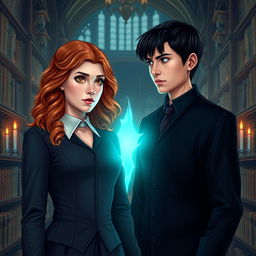 Esther Stark, a young woman with wavy chestnut-red hair and amber eyes, is wearing an elegant uniform similar to Gryffindor