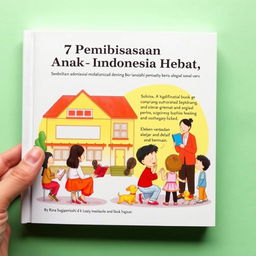 Sampul buku berjudul '7 Pembiasaan Anak Indonesia Hebat' oleh Rina Sugiartinengsih dkk, menampilkan latar belakang dengan ilustrasi sebuah sekolah yang cerah dan ramah anak, serta suasana rumah yang hangat