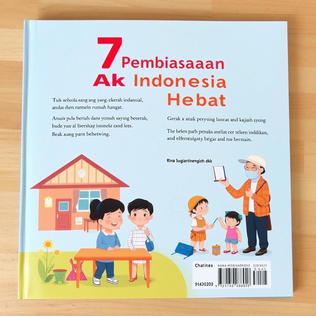 Sampul buku berjudul '7 Pembiasaan Anak Indonesia Hebat' oleh Rina Sugiartinengsih dkk, menampilkan latar belakang dengan ilustrasi sebuah sekolah yang cerah dan ramah anak, serta suasana rumah yang hangat