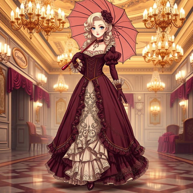 A vivid and detailed illustration of a classic costume, inspired by the elegance of Victorian attire