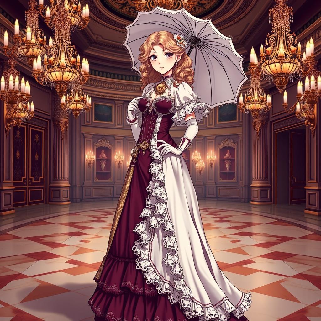 A vivid and detailed illustration of a classic costume, inspired by the elegance of Victorian attire