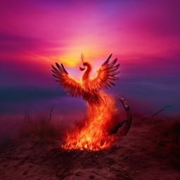 A newborn phoenix rising from the ashes against a vibrant sunset backdrop.