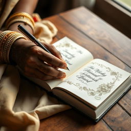 A close-up shot of a Tamil woman's hands gracefully writing in a beautifully decorated journal, the ink flowing smoothly from a fountain pen
