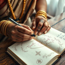 A close-up shot of a Tamil woman's hands gracefully writing in a beautifully decorated journal, the ink flowing smoothly from a fountain pen