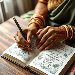 A close-up shot of a Tamil woman's hands gracefully writing in a beautifully decorated journal, the ink flowing smoothly from a fountain pen