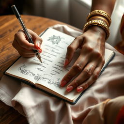 A close-up shot of a Tamil woman's hands gracefully writing in a beautifully decorated journal, the ink flowing smoothly from a fountain pen