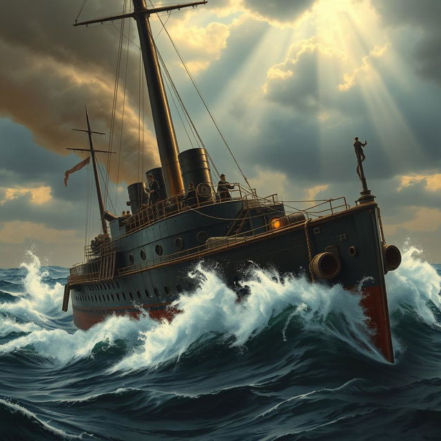 A detailed depiction of an ironclad warship, showcasing its powerful iron hull and steam-driven machinery