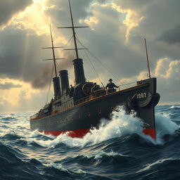 A detailed depiction of an ironclad warship, showcasing its powerful iron hull and steam-driven machinery