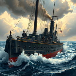 A detailed depiction of an ironclad warship, showcasing its powerful iron hull and steam-driven machinery