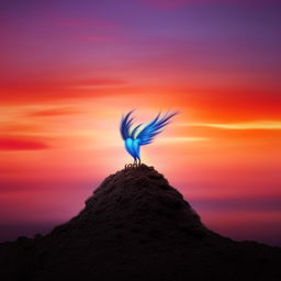 A newborn phoenix rising from the ashes against a vibrant sunset backdrop.