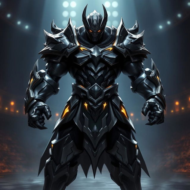 A powerful and intimidating figure clad in dark, metallic armor, evoking a sense of strength and resilience