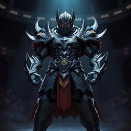 A powerful and intimidating figure clad in dark, metallic armor, evoking a sense of strength and resilience