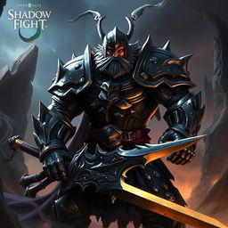 A powerful figure named Ironclad from the Shadow Fight universe, clad in heavily armored medieval-style armor, showcasing intricate metallic detailing and a dark, shadowy aura surrounding him