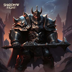 A powerful figure named Ironclad from the Shadow Fight universe, clad in heavily armored medieval-style armor, showcasing intricate metallic detailing and a dark, shadowy aura surrounding him